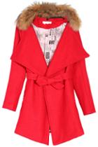 Romwe Faux Fur Collar Belt Woolen Coat