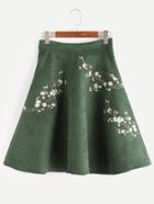Romwe Army Green Flower Embroidered Suede A-line Skirt