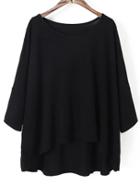 Romwe Black Bat Sleeve Dip Hem T-shirt