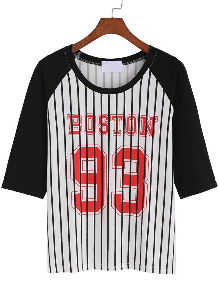Romwe Vertical Striped Letter Print Black T-shirt