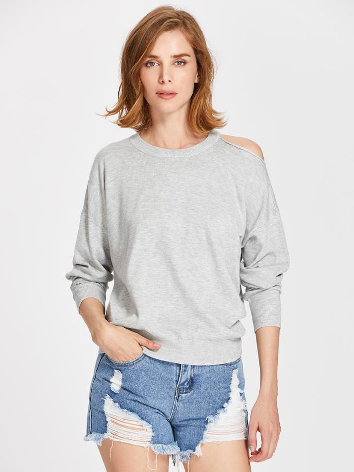 Romwe Marled Knit Asymmetric Cutout Shoulder Jumper