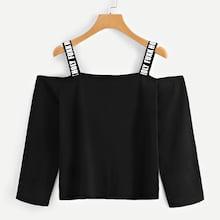 Romwe Cold Shoulder Letter Taped Tee