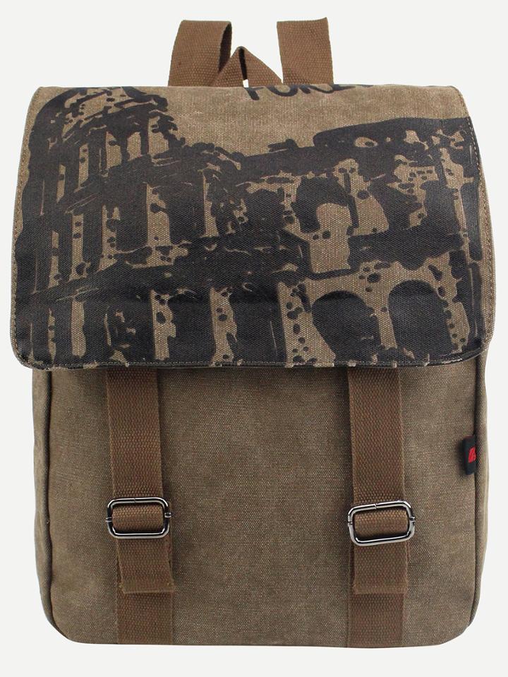 Romwe Coffee Printed Dual Buckled Flap Canvas Backpack