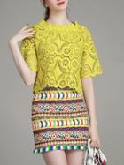 Romwe Yellow Crochet Hollow Out Top With Print Skirt