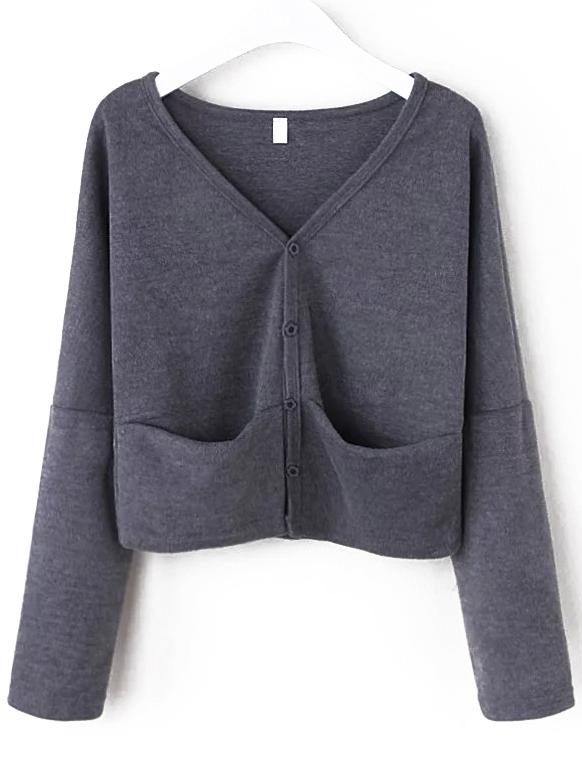Romwe Dark Grey Dropped Shoulder Seam Cardigan With Pockets