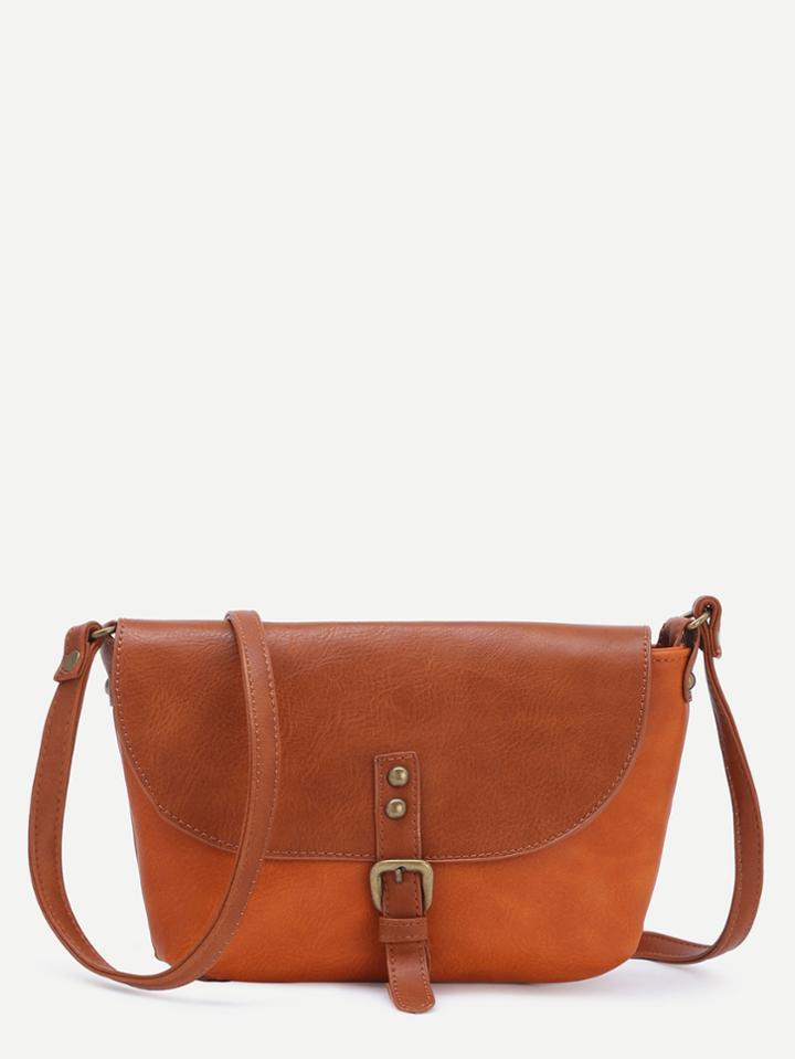 Romwe Brown Faux Leather Front Flap Buckle Shoulder Bag