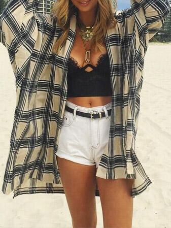Romwe Plaid Open-front Cover-up Lace Blouse