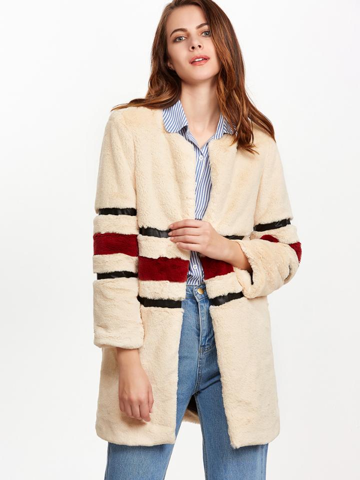 Romwe Apricot Striped Open Front Faux Fur Coat