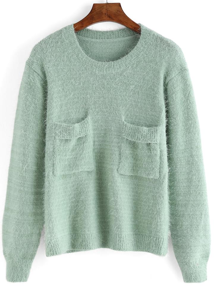 Romwe Women Long Sleeve Green Sweater With Pockets