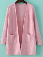 Romwe Pink Ribbed Split Side Longline Sweater Coat With Pocket