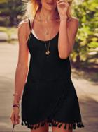 Romwe Black Tassel Trim Wrap Cami Dress