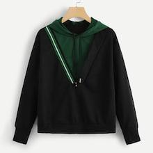 Romwe Color Block Tape Detail Hooded Sweatshirt