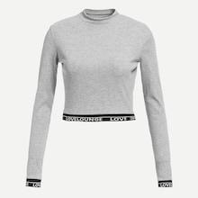 Romwe Letter Tape Trim Crop Ribbed Tee