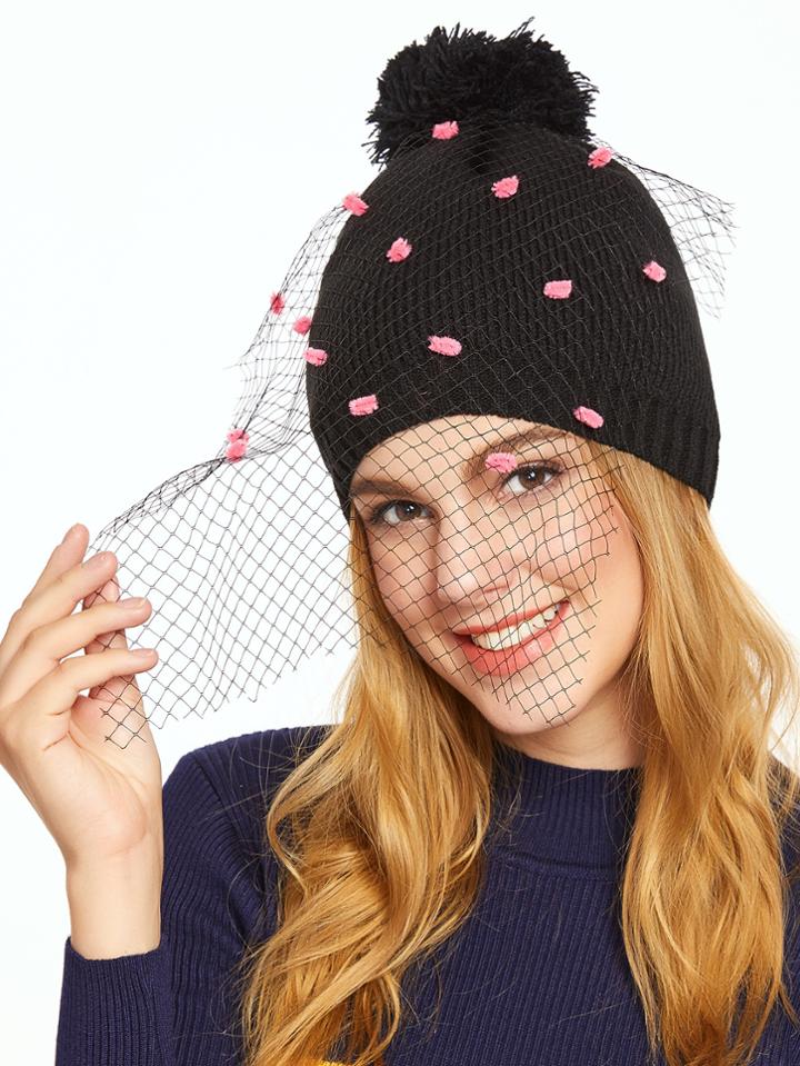 Romwe Black Veiled Pom Pom Knit Hat