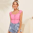 Romwe Pleated Detail Knot Front Lace Insert Top