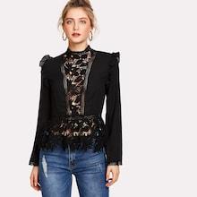 Romwe Guipure Lace Panel Ruffle Peplum Top