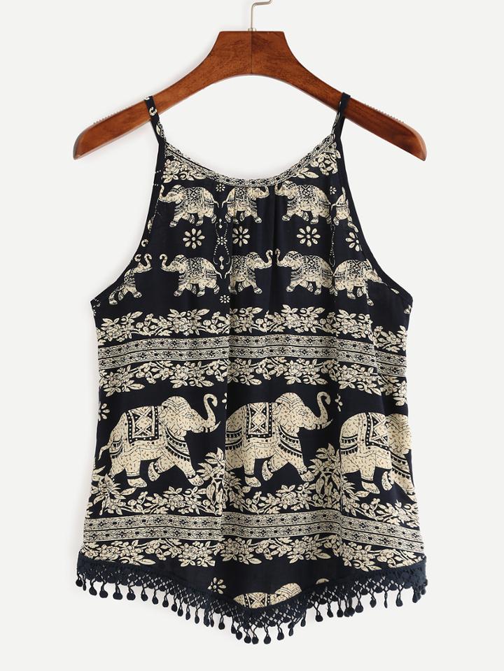 Romwe Navy Elephant Print Crochet Trimmed Cami Top