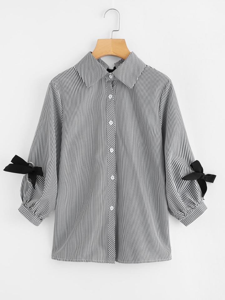 Romwe Single Breasted Knot Detail Striped Shirt