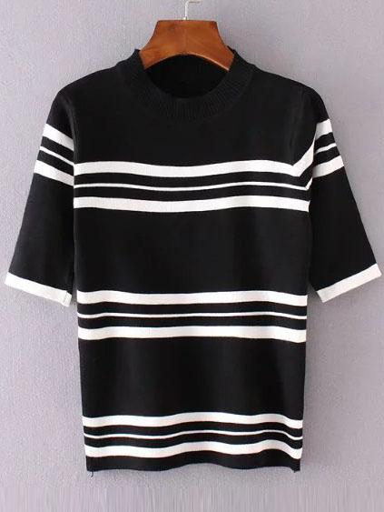Romwe Black Striped Crew Neck Ribbed Trim Knitwear