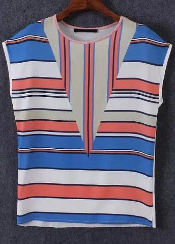 Romwe Sleeveless Striped Blue T-shirt