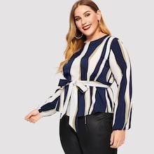 Romwe Plus Colorful Striped Tie Waist Blouse