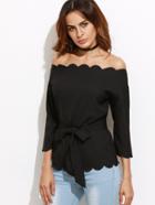 Romwe Bardot Scallop Trim Top With Belt