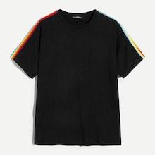 Romwe Guys Rainbow Tape Detail Solid Tee