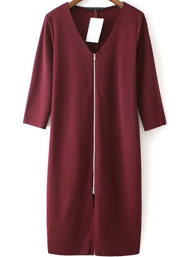 Romwe V Neck Zipper Wine Red Dress