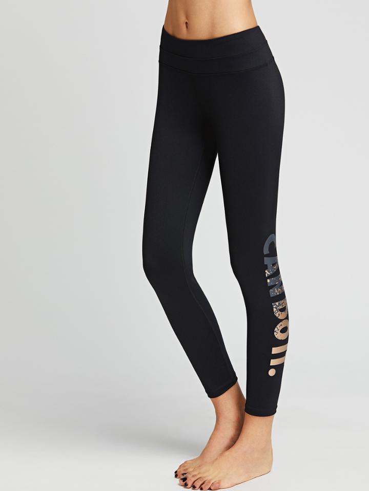 Romwe Black Letters Print Leggings
