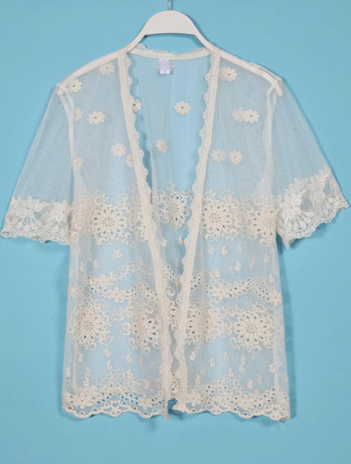 Romwe Embroidery Sheer Lace Short Sleeve Open Top