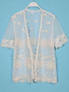 Romwe Embroidery Sheer Lace Short Sleeve Open Top