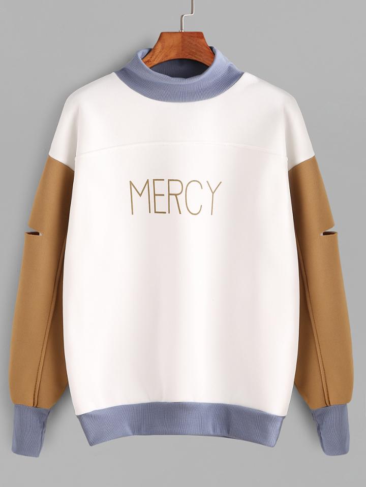 Romwe Letter Print High Neck Contrast Cutout Sleeve Sweatshirt