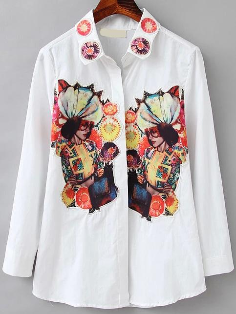Romwe Lapel Beauty Patch Blouse