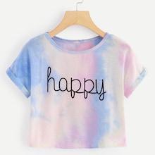Romwe Cuffed Sleeve Crop Pastel Tie Dye Tee