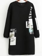 Romwe Black Printed Drop Shoulder Sweatshirt Dress