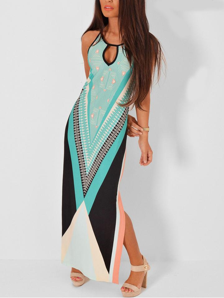 Romwe Tribal Print Keyhole Neck Racer Cami Dress