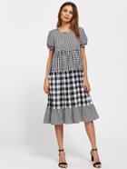 Romwe Puff Sleeve Mixed Gingham Dress