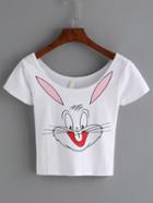 Romwe White Rabbit Print Scoop Neck Crop T-shirt