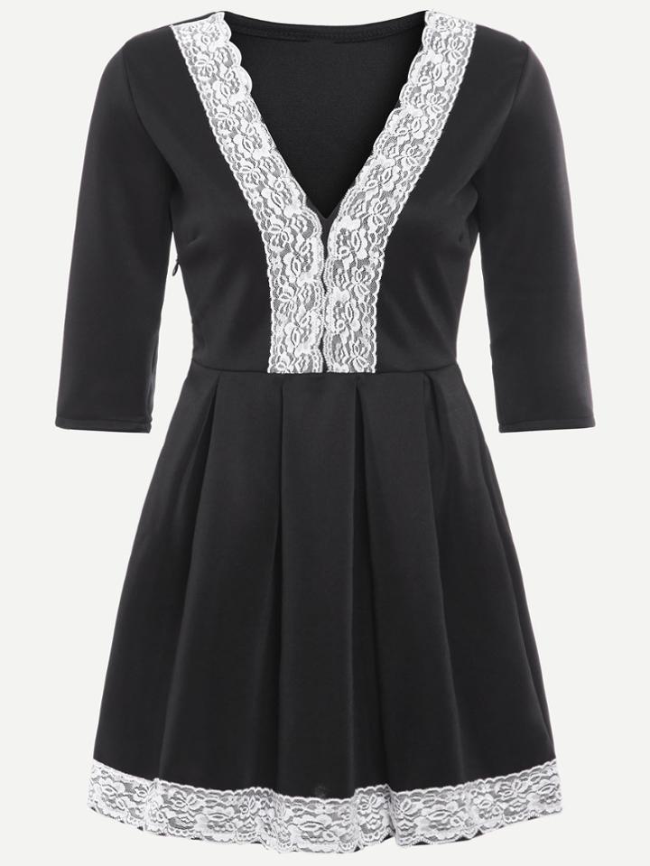 Romwe Black Contrast Lace V Neck Pleated Dress