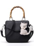 Romwe Bamboo Handle Bag With Cat Bag Charm - Black