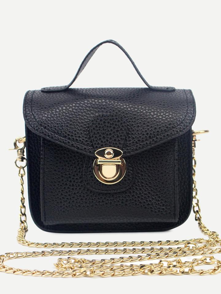 Romwe Black Pebbled Pu Flap Chain Bag