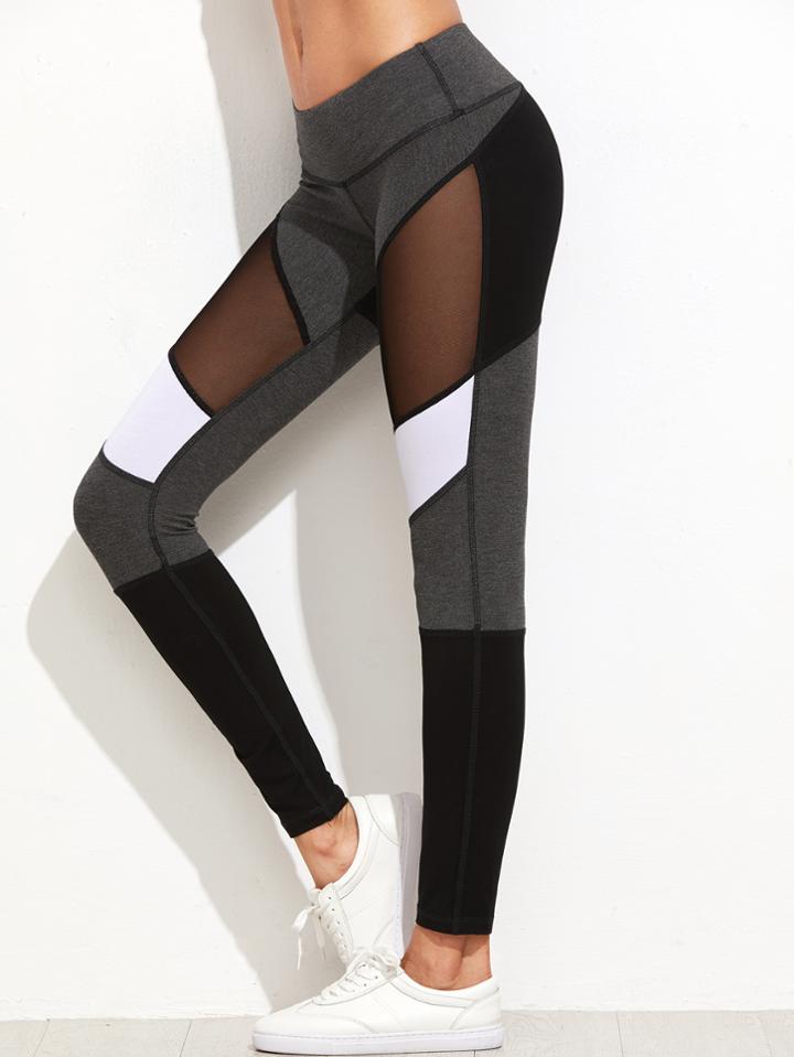 Romwe Color Block Mesh Insert Leggings