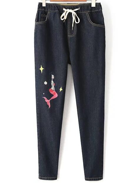Romwe Mermaid Embroidery Drawstring Waist Jeans