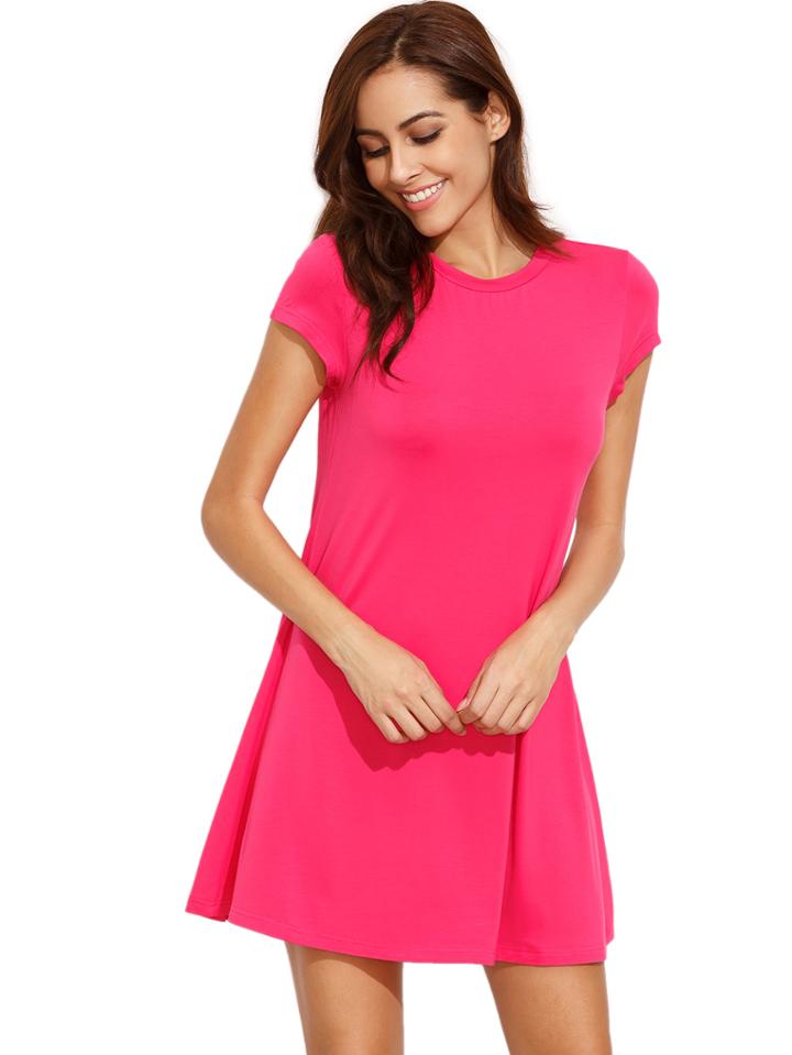 Romwe Hot Pink Short Sleeve Shirt Cut Swing Dress
