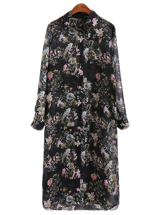 Romwe Multicolor Long Sleeve Floral Print Chiffon Shirt Dress