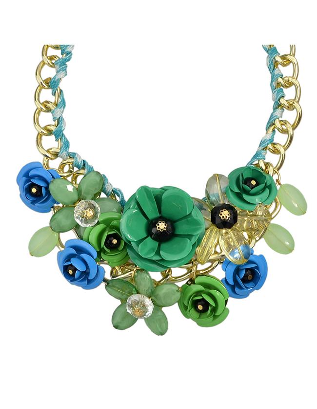 Romwe Green Resin Rhinestone Statement Flower Necklace