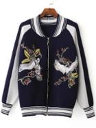 Romwe Navy Crane Embroidery Raglan Sleeve Zipper Sweater Coat