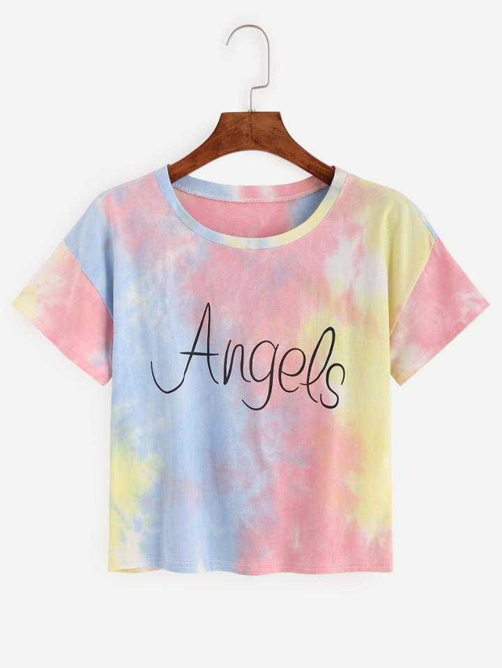 Romwe Multicolor Pastel Tie Dye Letter Print T-shirt