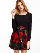 Romwe Black Floral Print Pleated Combo Dress With Belt