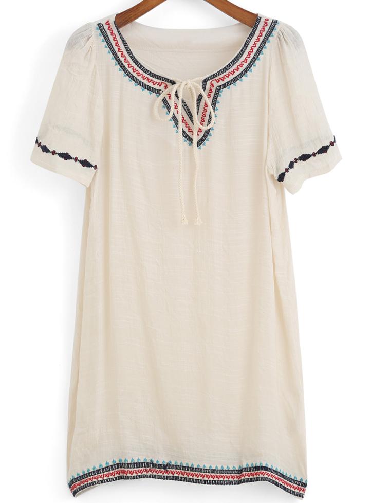 Romwe Lace Up Embroidered Shift Dress